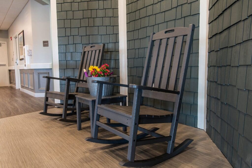 Rockers on the front porch of Charter Senior Living of Paducah
